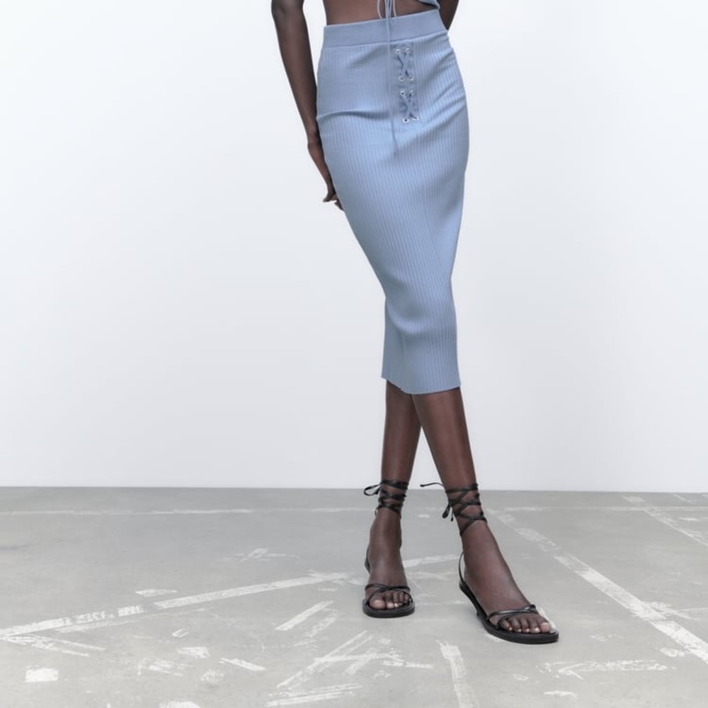 ZARA RIBBED HIGH WAIST CROSSOVER‎ DRAWSTRING MIDI SKIRT